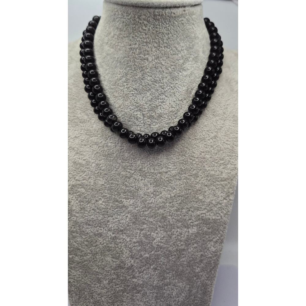 Vintage Japan Black Glass Bead Double Strand Necklace Art Deco Style